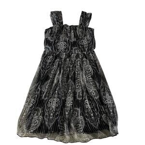 Vtg Y2K Black Silver Floral Long Silk Dress Girl's 10 Whimsygoth Fairy Grunge